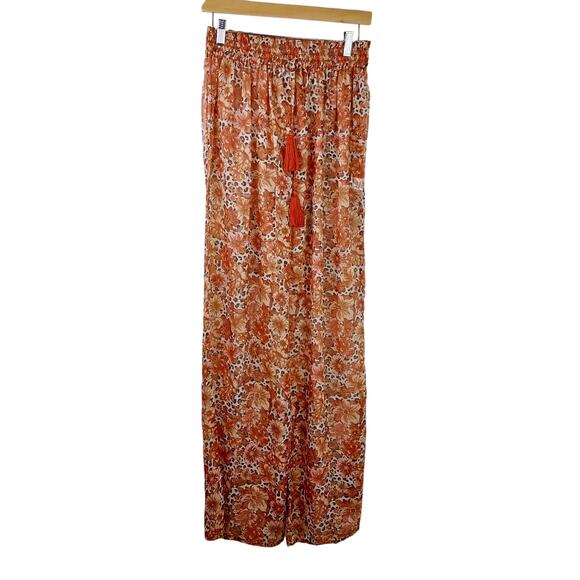Tularosa SZ S Long Sheer Wide Leg Pants Tassle Tie Daisy Print In Rust Shades - Picture 2 of 8